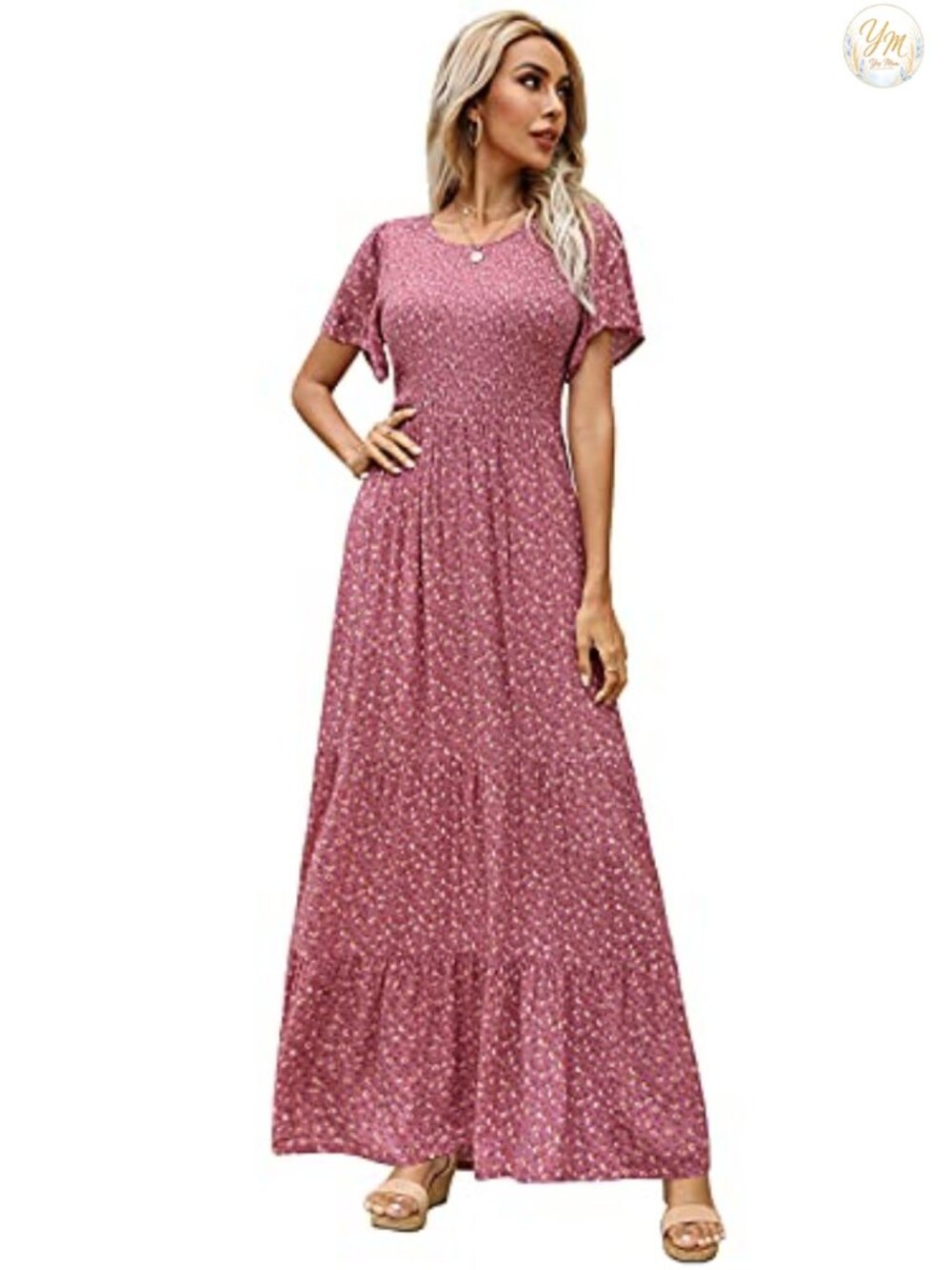Kranda Women's Floral Maxi Dress Smocked Short Sleeve Summer Fall